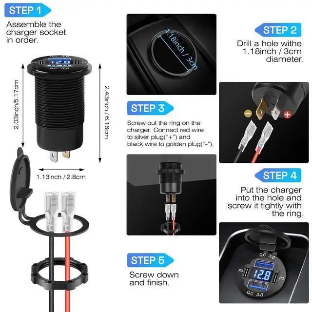 Alt view image 7 of 7 - 2Pcs 12V/24V Outlet with Voltmeter, Quick Charge 3.0 Dual USB Power Outlet, Waterproof Fast Charge USB Charger Socket DIY Kit for Car Boat Marine (2 Pack)
