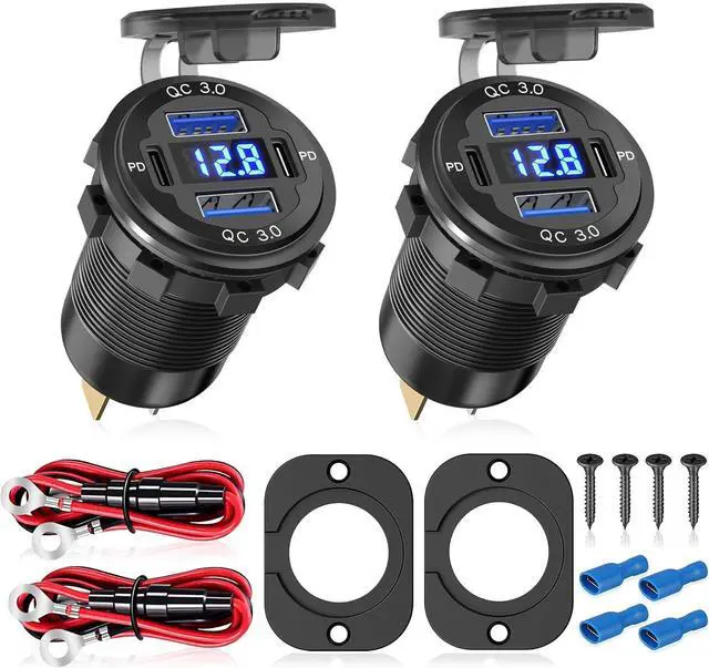 Main image of 2Pcs 12V/24V Outlet with Voltmeter, Quick Charge 3.0 Dual USB Power Outlet, Waterproof Fast Charge USB Charger Socket DIY Kit for Car Boat Marine (2 Pack)