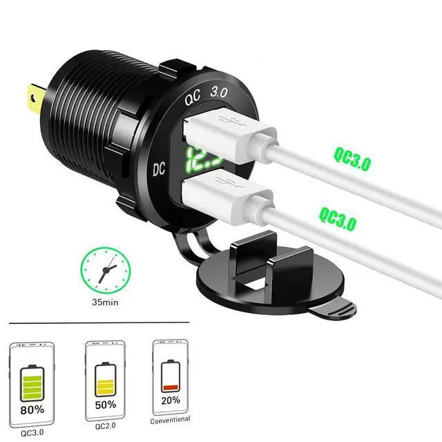 Alt view image 2 of 7 - Quick Charge 3.0 Dual USB Car Charger Socket 12V/24V 36W QC3.0 Dual USB Fast Charger Aluminum Socket Power Outlet with LED Voltmeter for Marine, Boat, Motorcycle (Green)