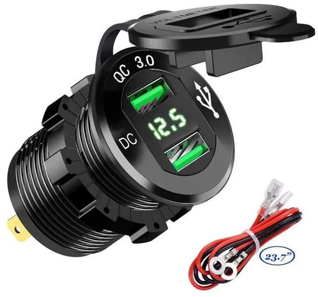 Main image of Quick Charge 3.0 Dual USB Car Charger Socket 12V/24V 36W QC3.0 Dual USB Fast Charger Aluminum Socket Power Outlet with LED Voltmeter for Marine, Boat, Motorcycle (Green)
