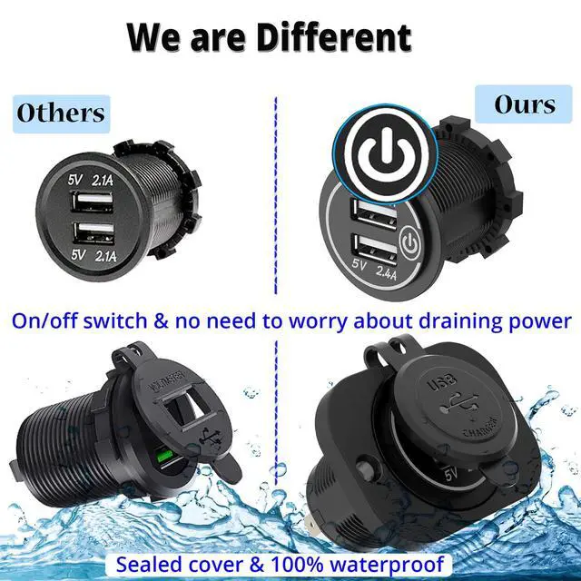 Alt view image 3 of 7 - Dual USB Socket 12V Marine Outlet with Switch Golf Cart USB Port 12 Volt DC Car Charger Mount Waterproof Cigarette Lighter Power Adapter DIY Kit Fast Charge with Blue LED for Boat Motorcycle ATV RV