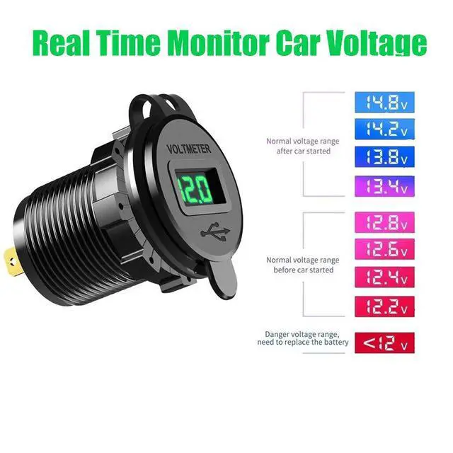 Alt view image 6 of 7 - Quick Charge 3.0 Dual USB Car Charger Socket 12V/24V 36W QC3.0 Dual USB Fast Charger Aluminum Socket Power Outlet with LED Voltmeter for Marine, Boat, Motorcycle (Green)