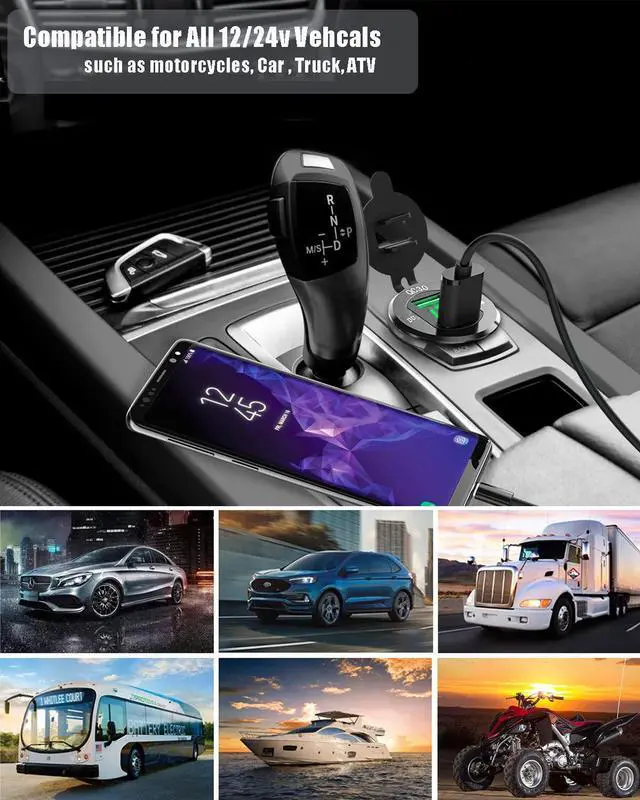 Alt view image 5 of 7 - Quick Charge 3.0 Dual USB Car Charger Socket 12V/24V 36W QC3.0 Dual USB Fast Charger Aluminum Socket Power Outlet with LED Voltmeter for Marine, Boat, Motorcycle (Green)
