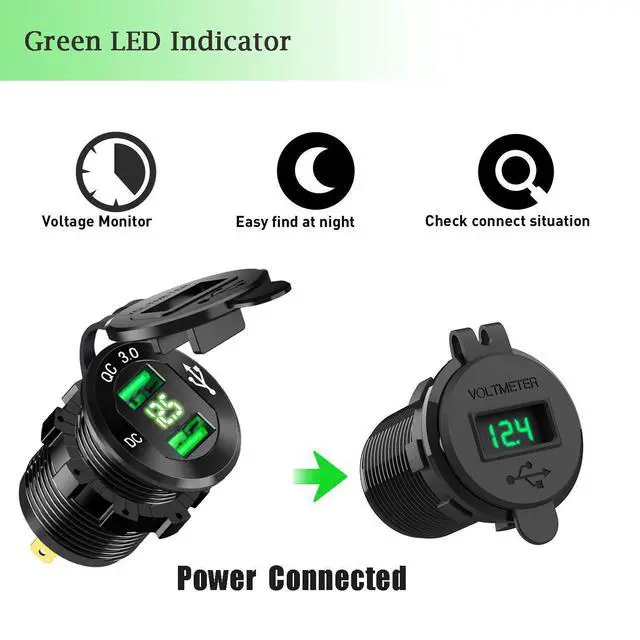 Alt view image 7 of 7 - Quick Charge 3.0 Dual USB Car Charger Socket 12V/24V 36W QC3.0 Dual USB Fast Charger Aluminum Socket Power Outlet with LED Voltmeter for Marine, Boat, Motorcycle (Green)