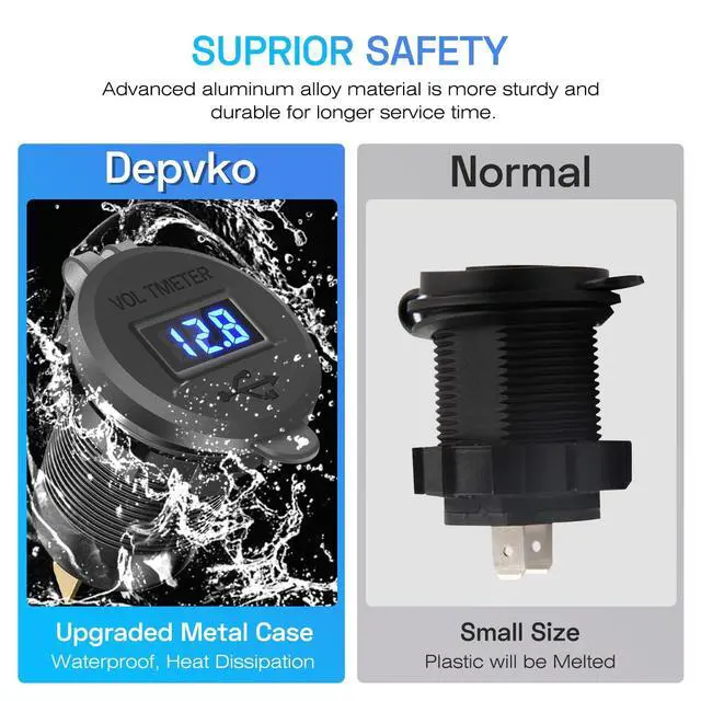 Alt view image 2 of 7 - 2Pcs 12V/24V Outlet with Voltmeter, Quick Charge 3.0 Dual USB Power Outlet, Waterproof Fast Charge USB Charger Socket DIY Kit for Car Boat Marine (2 Pack)