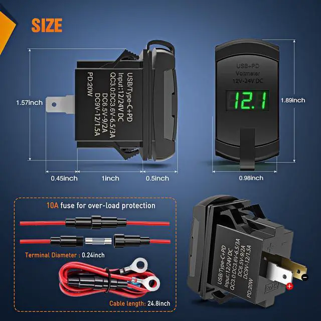 Alt view image 2 of 7 - Rocker Switch Style USB Outlet LED Voltmeter Quick Connector 12V PD Type C and USB QC 3.0 Cars Replacement with Inline Fuse for Switches Panel on Boats RV Truck Car