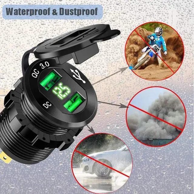 Alt view image 3 of 7 - Quick Charge 3.0 Dual USB Car Charger Socket 12V/24V 36W QC3.0 Dual USB Fast Charger Aluminum Socket Power Outlet with LED Voltmeter for Marine, Boat, Motorcycle (Green)