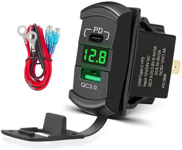 Main image of USB C Rocker Switch Insert 12V 24V 30W USB A PD Outlet Socket with LED Voltage Display 18W QC 3.0 Charger Replacement for Marine Cars Truck Van Boat RV Motorcycle ATV