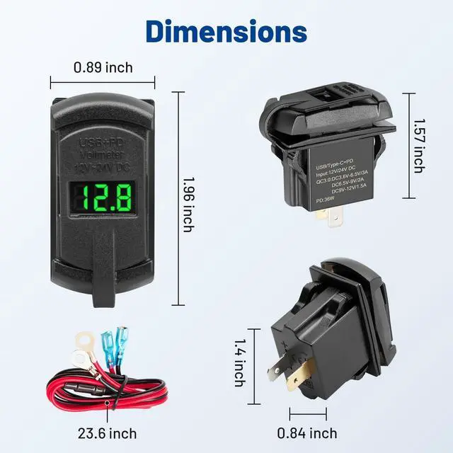 Alt view image 2 of 7 - USB C Rocker Switch Insert 12V 24V 30W USB A PD Outlet Socket with LED Voltage Display 18W QC 3.0 Charger Replacement for Marine Cars Truck Van Boat RV Motorcycle ATV