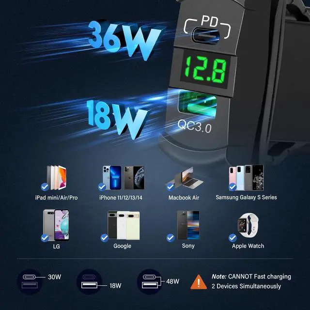 Alt view image 3 of 7 - USB C Rocker Switch Insert 12V 24V 30W USB A PD Outlet Socket with LED Voltage Display 18W QC 3.0 Charger Replacement for Marine Cars Truck Van Boat RV Motorcycle ATV