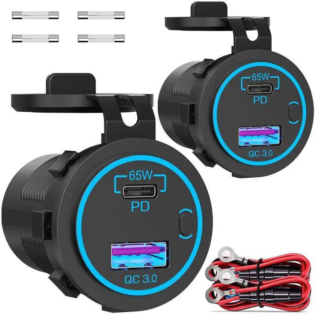 Main image of 83W 12V USB Outlet Laptop Charger: 2 Pack 65W USB-C PD3.0 and 18W QC3.0 Multi Car Port 12V Socket Waterproof with Power Switch for Car Boat Marine Bus Truck Golf Cart RV Moto, etc.