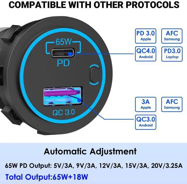 Alt view image 2 of 7 - 83W 12V USB Outlet Laptop Charger: 2 Pack 65W USB-C PD3.0 and 18W QC3.0 Multi Car Port 12V Socket Waterproof with Power Switch for Car Boat Marine Bus Truck Golf Cart RV Moto, etc.