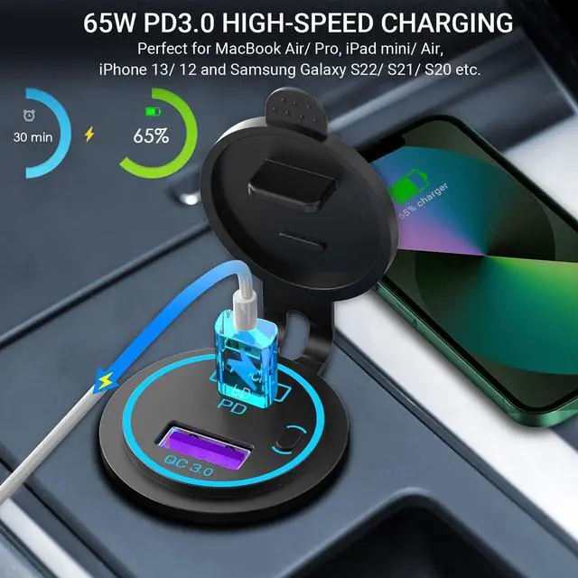 Alt view image 3 of 7 - 83W 12V USB Outlet Laptop Charger: 2 Pack 65W USB-C PD3.0 and 18W QC3.0 Multi Car Port 12V Socket Waterproof with Power Switch for Car Boat Marine Bus Truck Golf Cart RV Moto, etc.
