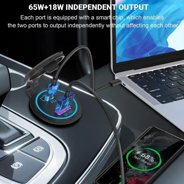 Alt view image 4 of 7 - 83W 12V USB Outlet Laptop Charger: 2 Pack 65W USB-C PD3.0 and 18W QC3.0 Multi Car Port 12V Socket Waterproof with Power Switch for Car Boat Marine Bus Truck Golf Cart RV Moto, etc.
