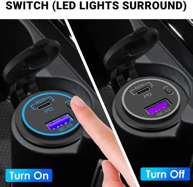Alt view image 5 of 7 - 83W 12V USB Outlet Laptop Charger: 2 Pack 65W USB-C PD3.0 and 18W QC3.0 Multi Car Port 12V Socket Waterproof with Power Switch for Car Boat Marine Bus Truck Golf Cart RV Moto, etc.