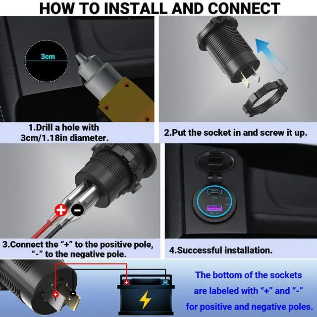 Alt view image 7 of 7 - 83W 12V USB Outlet Laptop Charger: 2 Pack 65W USB-C PD3.0 and 18W QC3.0 Multi Car Port 12V Socket Waterproof with Power Switch for Car Boat Marine Bus Truck Golf Cart RV Moto, etc.