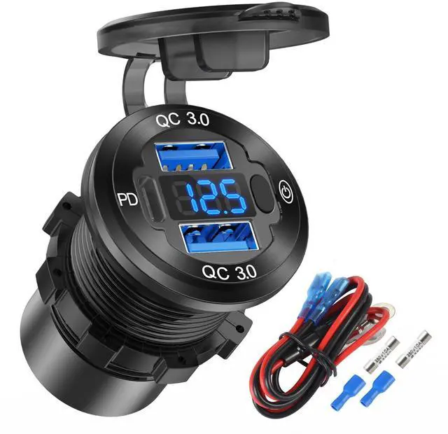 Main image of 12V USB Outlet Wire Aluminum Car Charger Multi Port, Dual USB Quick Charge 3.0 Port and PD USB C Socket with Voltmeter Switch for Car Boat Marine Truck RV, Fast Charge for iPhone iPad Android Phones