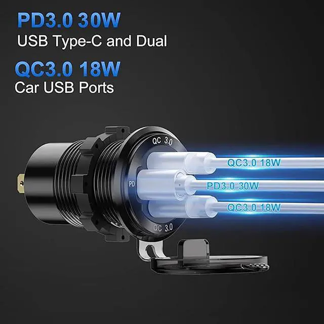 Alt view image 2 of 7 - 12V USB Outlet Wire Aluminum Car Charger Multi Port, Dual USB Quick Charge 3.0 Port and PD USB C Socket with Voltmeter Switch for Car Boat Marine Truck RV, Fast Charge for iPhone iPad Android Phones