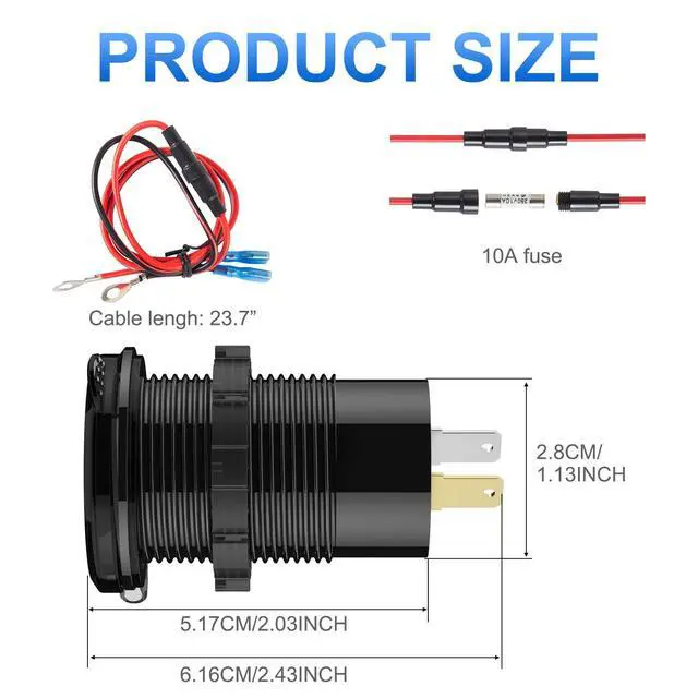 Alt view image 6 of 7 - 12V USB Outlet Wire Aluminum Car Charger Multi Port, Dual USB Quick Charge 3.0 Port and PD USB C Socket with Voltmeter Switch for Car Boat Marine Truck RV, Fast Charge for iPhone iPad Android Phones