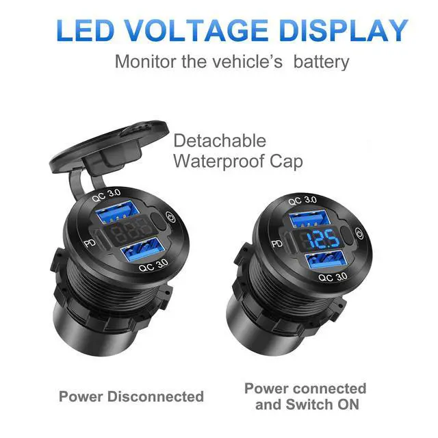Alt view image 4 of 7 - 12V USB Outlet Wire Aluminum Car Charger Multi Port, Dual USB Quick Charge 3.0 Port and PD USB C Socket with Voltmeter Switch for Car Boat Marine Truck RV, Fast Charge for iPhone iPad Android Phones