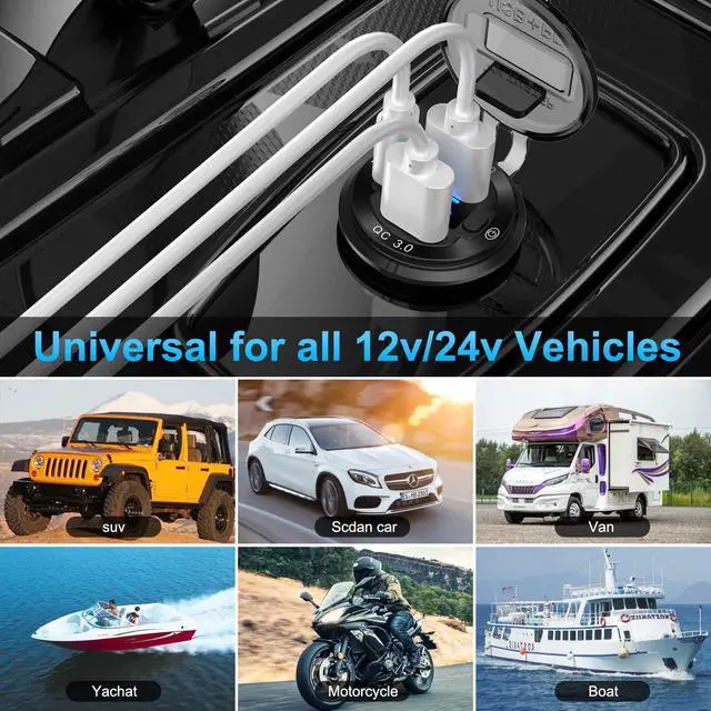Alt view image 7 of 7 - 12V USB Outlet Wire Aluminum Car Charger Multi Port, Dual USB Quick Charge 3.0 Port and PD USB C Socket with Voltmeter Switch for Car Boat Marine Truck RV, Fast Charge for iPhone iPad Android Phones