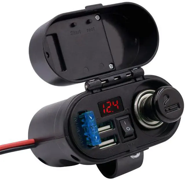 Main image of 5V/3A Dual USB Charger Socket Waterproof Motorcycle Handlebar & Rear View Mirror Clamp Power Adapter Charger with Cigarette Lighter Socket, Voltmeter for Phones/Tablets/GPS (Black 1)
