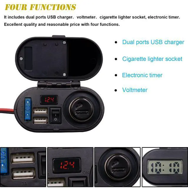 Alt view image 3 of 7 - 5V/3A Dual USB Charger Socket Waterproof Motorcycle Handlebar & Rear View Mirror Clamp Power Adapter Charger with Cigarette Lighter Socket, Voltmeter for Phones/Tablets/GPS (Black 1)