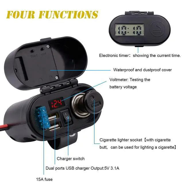 Alt view image 2 of 7 - 5V/3A Dual USB Charger Socket Waterproof Motorcycle Handlebar & Rear View Mirror Clamp Power Adapter Charger with Cigarette Lighter Socket, Voltmeter for Phones/Tablets/GPS (Black 1)