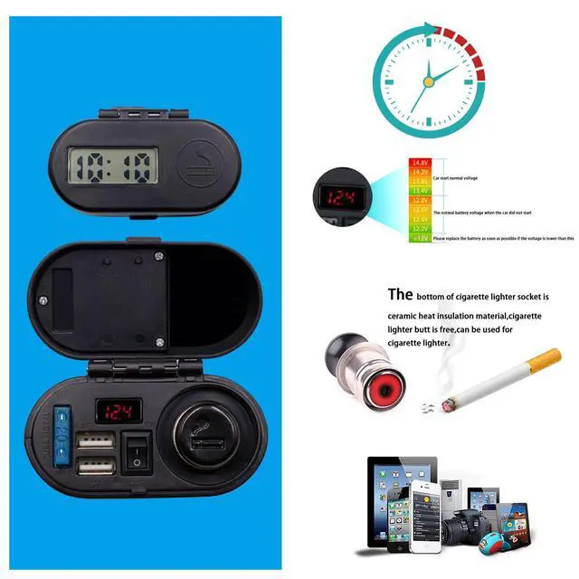 Alt view image 5 of 7 - 5V/3A Dual USB Charger Socket Waterproof Motorcycle Handlebar & Rear View Mirror Clamp Power Adapter Charger with Cigarette Lighter Socket, Voltmeter for Phones/Tablets/GPS (Black 1)