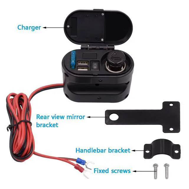 Alt view image 7 of 7 - 5V/3A Dual USB Charger Socket Waterproof Motorcycle Handlebar & Rear View Mirror Clamp Power Adapter Charger with Cigarette Lighter Socket, Voltmeter for Phones/Tablets/GPS (Black 1)