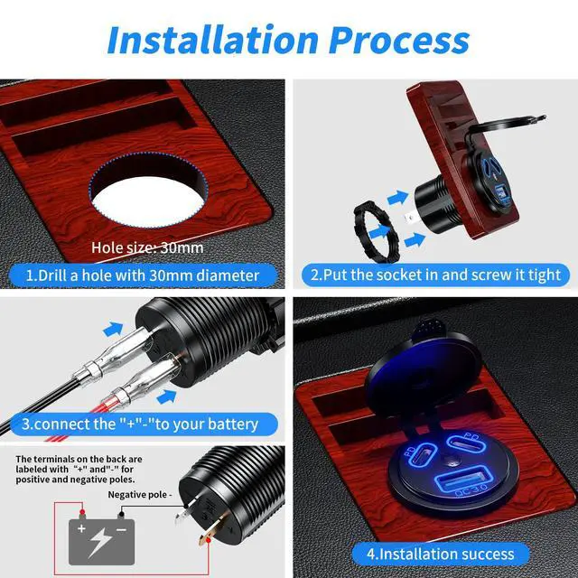 Alt view image 2 of 7 - 12V USB Outlet Car Charge, 108W Super Fast Dual PD3.0 & QC3.0 3-Port Multiple Port for Car, USB C Cigarette Lighter Replacement 12 Volt Socket Waterproof for Marine Motorcycle RV Golf Cart
