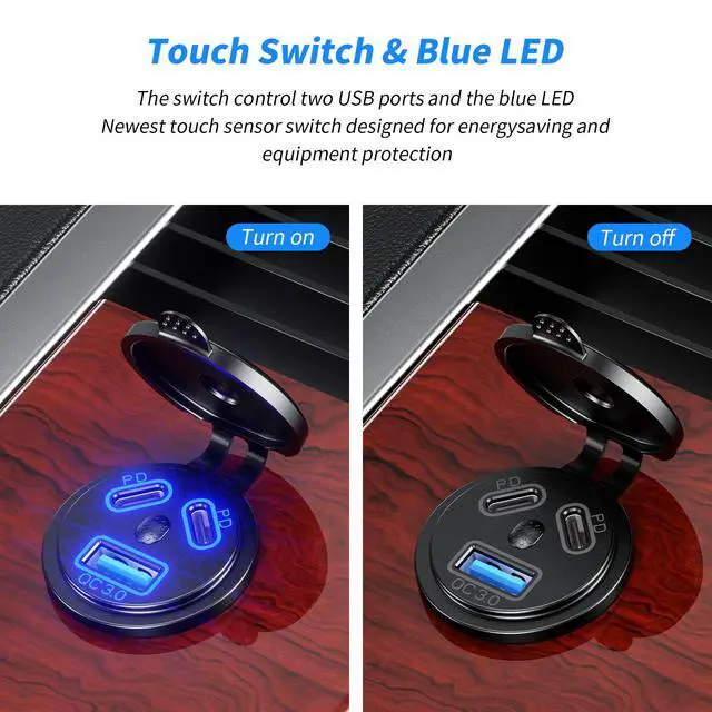 Alt view image 3 of 7 - 12V USB Outlet Car Charge, 108W Super Fast Dual PD3.0 & QC3.0 3-Port Multiple Port for Car, USB C Cigarette Lighter Replacement 12 Volt Socket Waterproof for Marine Motorcycle RV Golf Cart
