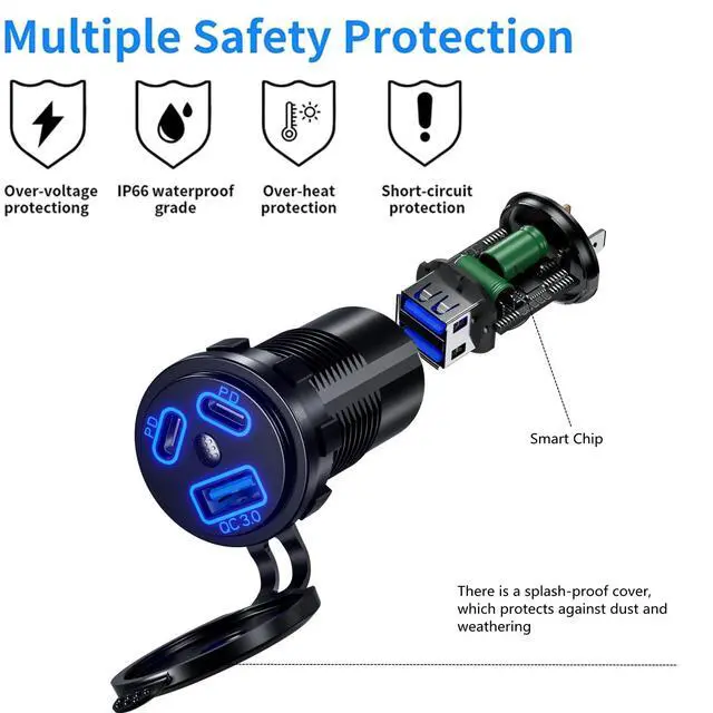 Alt view image 5 of 7 - 12V USB Outlet Car Charge, 108W Super Fast Dual PD3.0 & QC3.0 3-Port Multiple Port for Car, USB C Cigarette Lighter Replacement 12 Volt Socket Waterproof for Marine Motorcycle RV Golf Cart