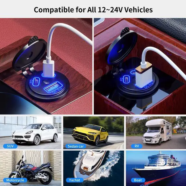 Alt view image 7 of 7 - 12V USB Outlet Car Charge, 108W Super Fast Dual PD3.0 & QC3.0 3-Port Multiple Port for Car, USB C Cigarette Lighter Replacement 12 Volt Socket Waterproof for Marine Motorcycle RV Golf Cart