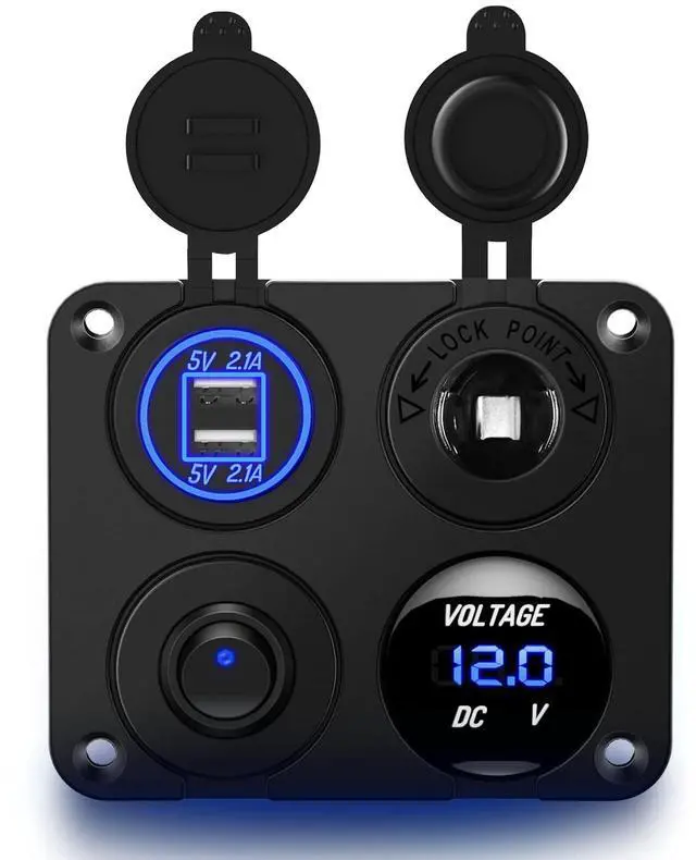 Main image of 4 in 1 ON OFF Charger Socket Panel Dual USB Charger Power Outlet LED Voltmeter Cigarette Lighter Socket LED On Off Rocker Toggle Switch for Truck Car Marine Boats RV, 2 Yeas Warranty