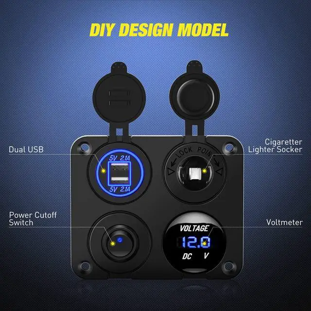 Alt view image 2 of 7 - 4 in 1 ON OFF Charger Socket Panel Dual USB Charger Power Outlet LED Voltmeter Cigarette Lighter Socket LED On Off Rocker Toggle Switch for Truck Car Marine Boats RV, 2 Yeas Warranty