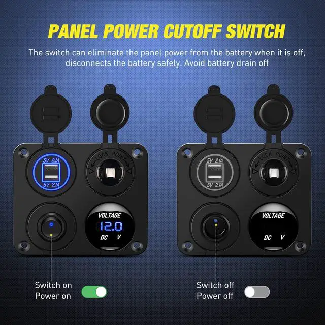 Alt view image 3 of 7 - 4 in 1 ON OFF Charger Socket Panel Dual USB Charger Power Outlet LED Voltmeter Cigarette Lighter Socket LED On Off Rocker Toggle Switch for Truck Car Marine Boats RV, 2 Yeas Warranty