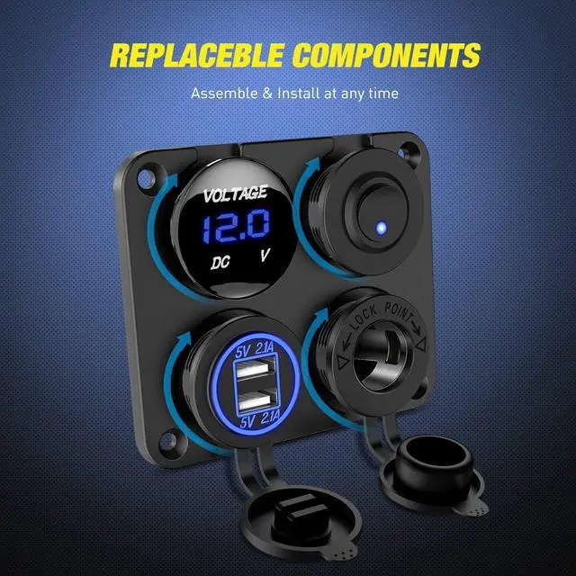 Alt view image 4 of 7 - 4 in 1 ON OFF Charger Socket Panel Dual USB Charger Power Outlet LED Voltmeter Cigarette Lighter Socket LED On Off Rocker Toggle Switch for Truck Car Marine Boats RV, 2 Yeas Warranty