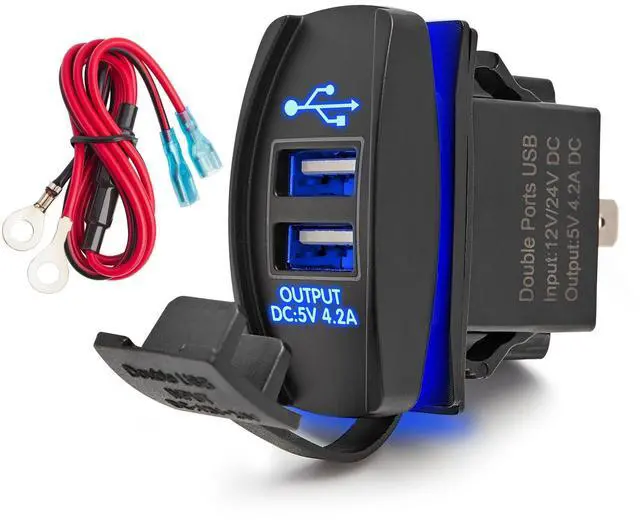 Main image of 4.2A Rocker Switch Style Dual USB Charger Blue LED Light, Waterproof USB Port with 10A Fuse for Marine Toggle Switch Panel on 12V-24V Car ATV UTV Boat Polaris Can-Am, Universal Quick Charger