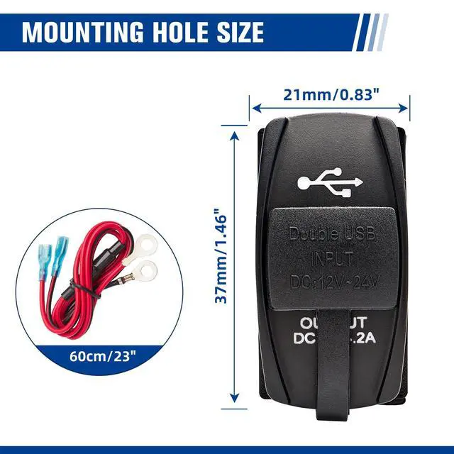 Alt view image 2 of 7 - 4.2A Rocker Switch Style Dual USB Charger Blue LED Light, Waterproof USB Port with 10A Fuse for Marine Toggle Switch Panel on 12V-24V Car ATV UTV Boat Polaris Can-Am, Universal Quick Charger
