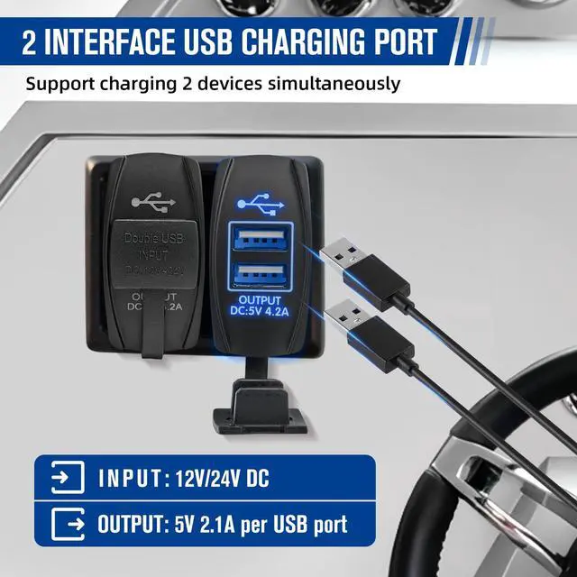 Alt view image 3 of 7 - 4.2A Rocker Switch Style Dual USB Charger Blue LED Light, Waterproof USB Port with 10A Fuse for Marine Toggle Switch Panel on 12V-24V Car ATV UTV Boat Polaris Can-Am, Universal Quick Charger