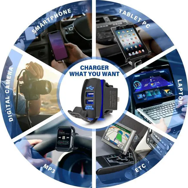 Alt view image 7 of 7 - 4.2A Rocker Switch Style Dual USB Charger Blue LED Light, Waterproof USB Port with 10A Fuse for Marine Toggle Switch Panel on 12V-24V Car ATV UTV Boat Polaris Can-Am, Universal Quick Charger