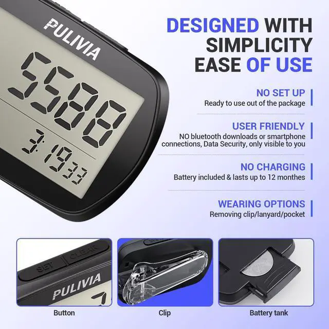 Alt view image 4 of 7 - Pedometer for Walking 3D Step Counter with Clock, Accurate Portable Pedometer with Clip, Simple Walking Step Counter, Black