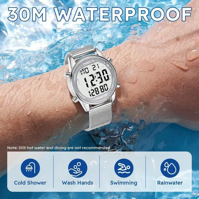 Alt view image 3 of 6 - Men's Pedometer Watch with Stainless Steel Bracelet, Step Counter Watch, No App, No Charging Needed for Outdoor Walking, Calorie, Distance, Alarm, Countdown Timer TU-2306B