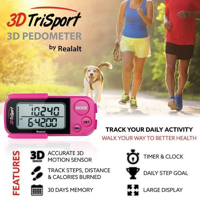 Alt view image 2 of 7 - 3DTriSport 3D Walking Pedometer with Clip & Strap, Accurate Step Counter with 30-Day Memory, Distance in Miles/KM Large Display Perfect for Seniors & Beginners eBook Included - Magenta