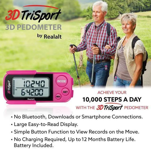 Alt view image 6 of 7 - 3DTriSport 3D Walking Pedometer with Clip & Strap, Accurate Step Counter with 30-Day Memory, Distance in Miles/KM Large Display Perfect for Seniors & Beginners eBook Included - Magenta