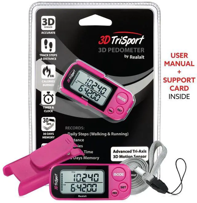 Alt view image 7 of 7 - 3DTriSport 3D Walking Pedometer with Clip & Strap, Accurate Step Counter with 30-Day Memory, Distance in Miles/KM Large Display Perfect for Seniors & Beginners eBook Included - Magenta