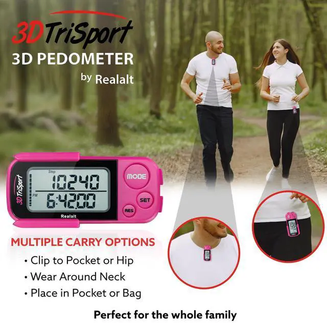 Alt view image 5 of 7 - 3DTriSport 3D Walking Pedometer with Clip & Strap, Accurate Step Counter with 30-Day Memory, Distance in Miles/KM Large Display Perfect for Seniors & Beginners eBook Included - Magenta