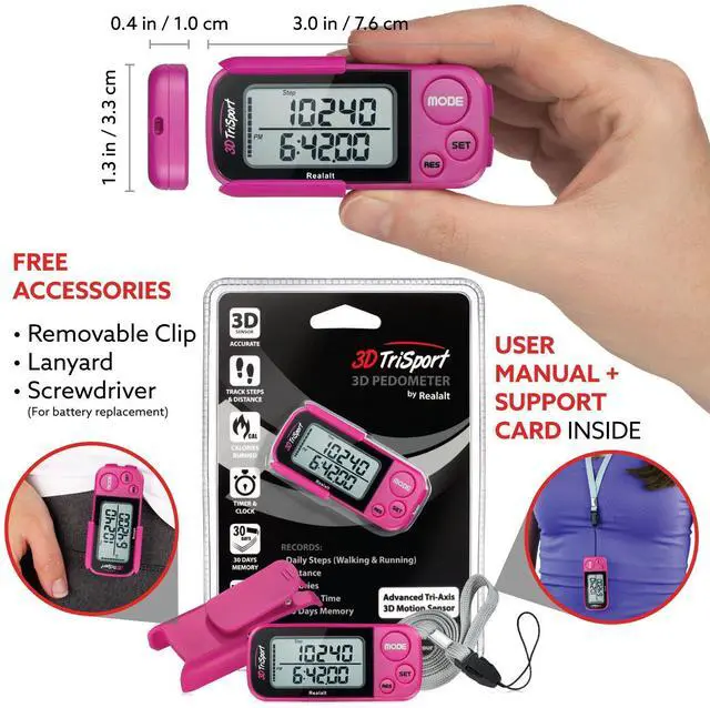 Alt view image 4 of 7 - 3DTriSport 3D Walking Pedometer with Clip & Strap, Accurate Step Counter with 30-Day Memory, Distance in Miles/KM Large Display Perfect for Seniors & Beginners eBook Included - Magenta