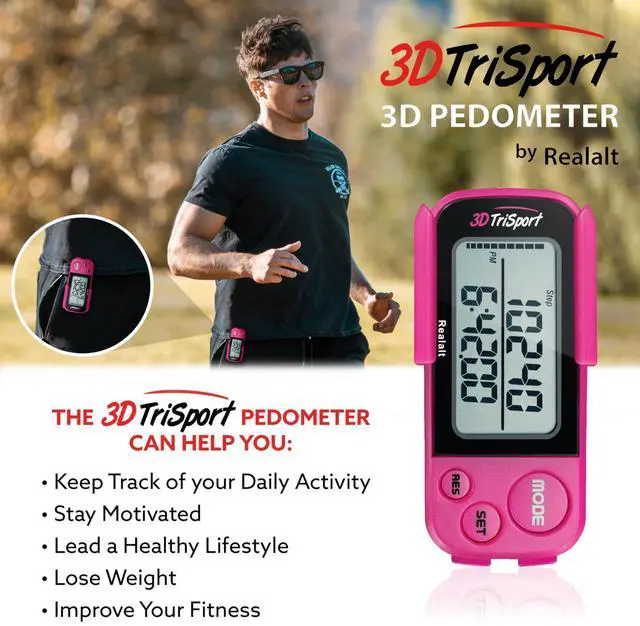 Alt view image 3 of 7 - 3DTriSport 3D Walking Pedometer with Clip & Strap, Accurate Step Counter with 30-Day Memory, Distance in Miles/KM Large Display Perfect for Seniors & Beginners eBook Included - Magenta